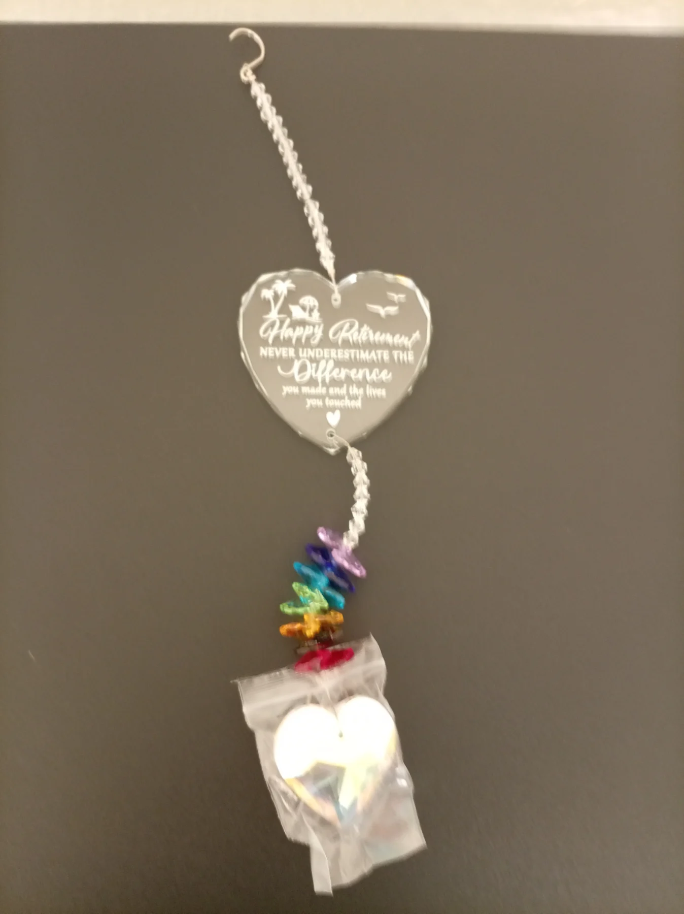 Retirement gift heart shape with quote, colour glass crystal