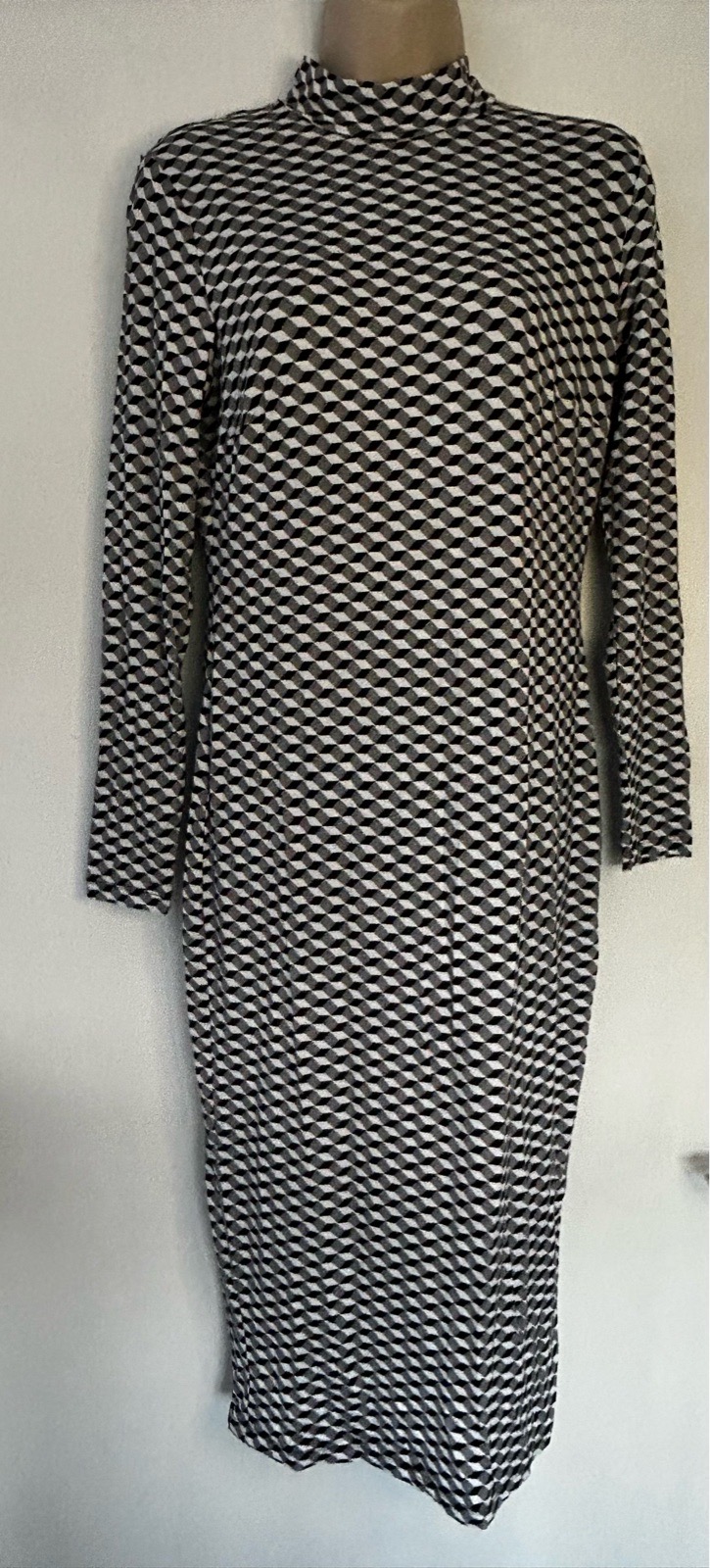 George Black & White Geometric Midi Dress UK 16 Mock Neck Long Sleeve