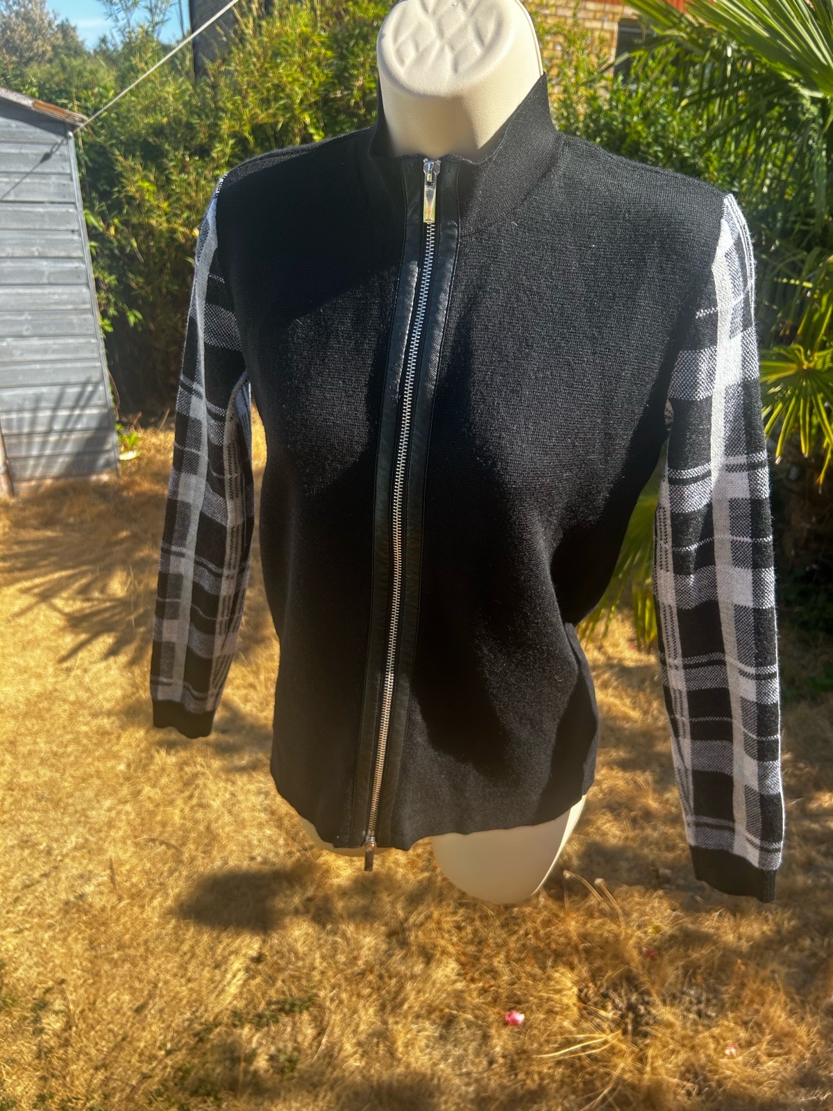 Karen Millen Black Plaid Tartan Zip Cardigan Sweater Faux Leather Trim Size 1 / XS