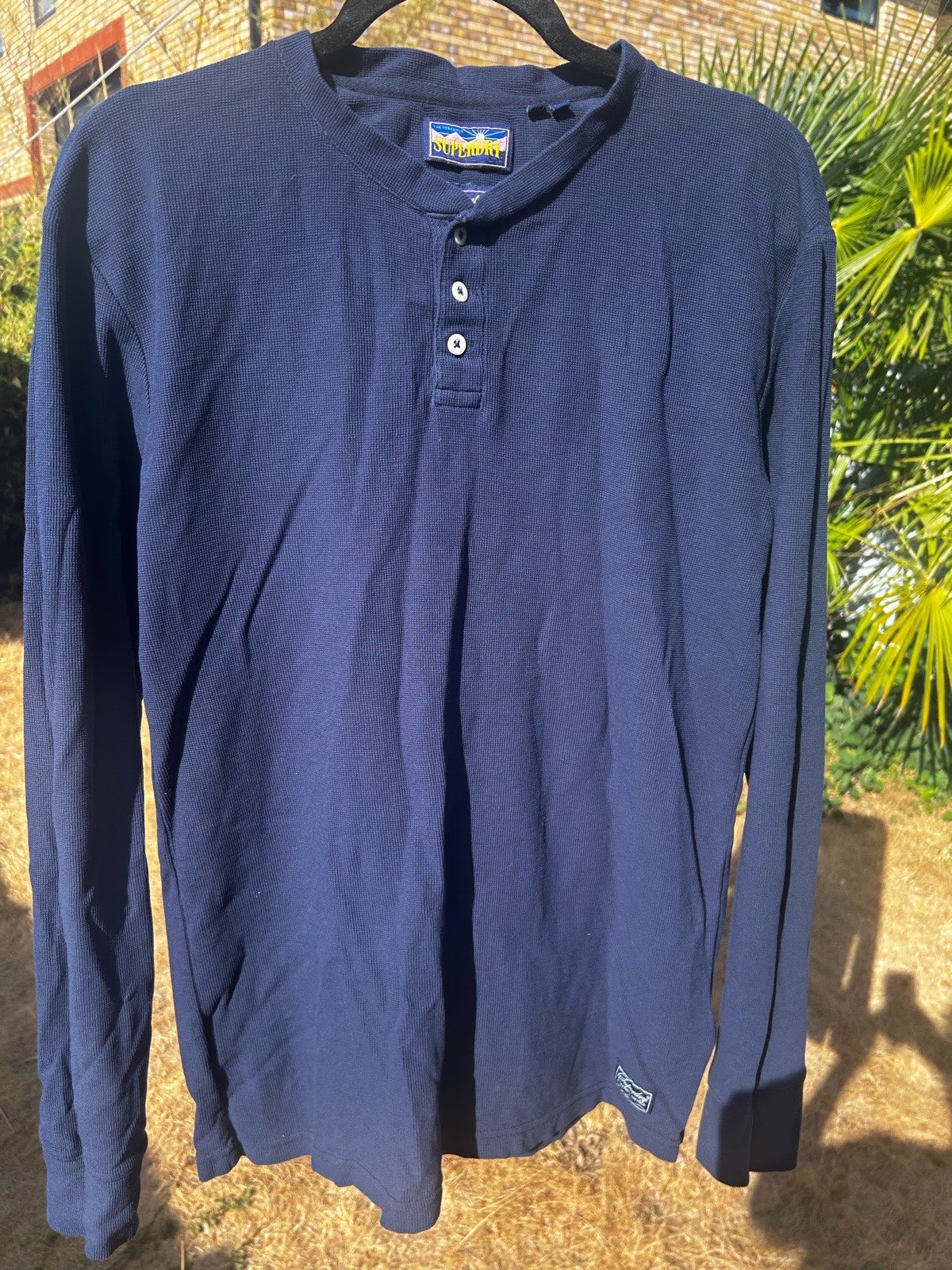 Superdry Men's Long Sleeve Waffle Henley Shirt Navy Blue Size XL Grandad Top