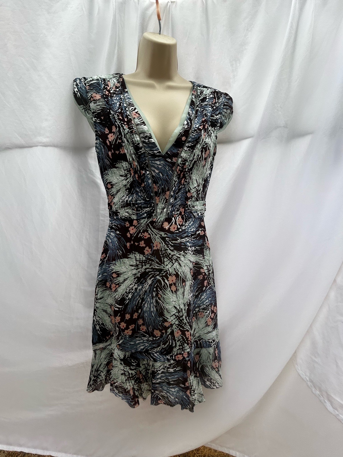 Reiss 'Bertie' Silk/Viscose Abstract Floral Print Cap Sleeve Ruffle Hem Dress UK 8 US 4
