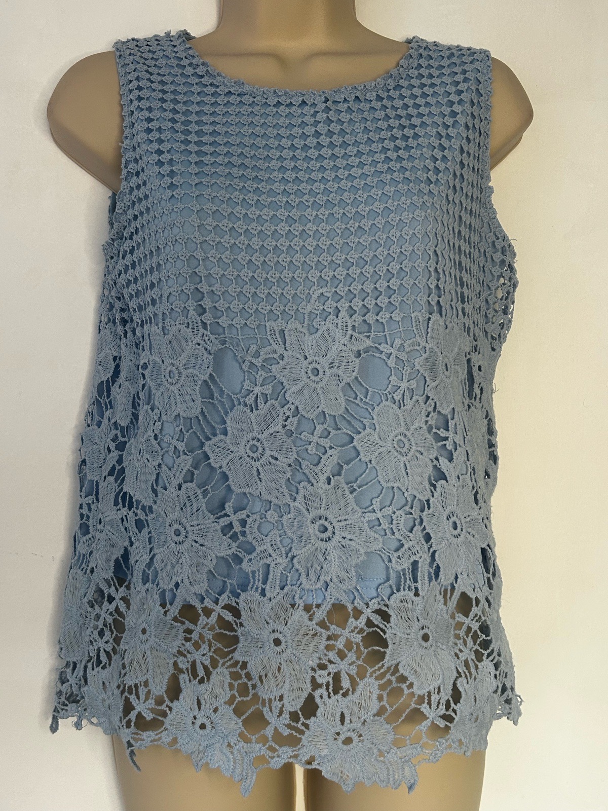 Select Blue Floral Crochet Lace Sleeveless Top - UK Size 6 / EU 34