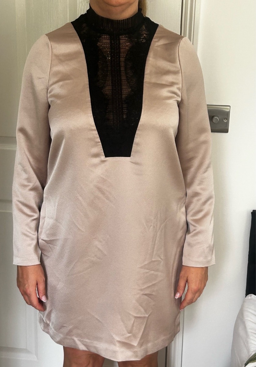 Brand New With Tags Reiss 'Gabriel' Blush Satin & Black Lace Dress - UK 14 (As-Is)