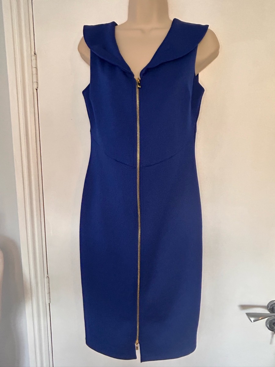 Enfocus Studio Women Sapphire Blue Gold Zip Sleeveless Pencil Midi Dress Size 6 / 10
