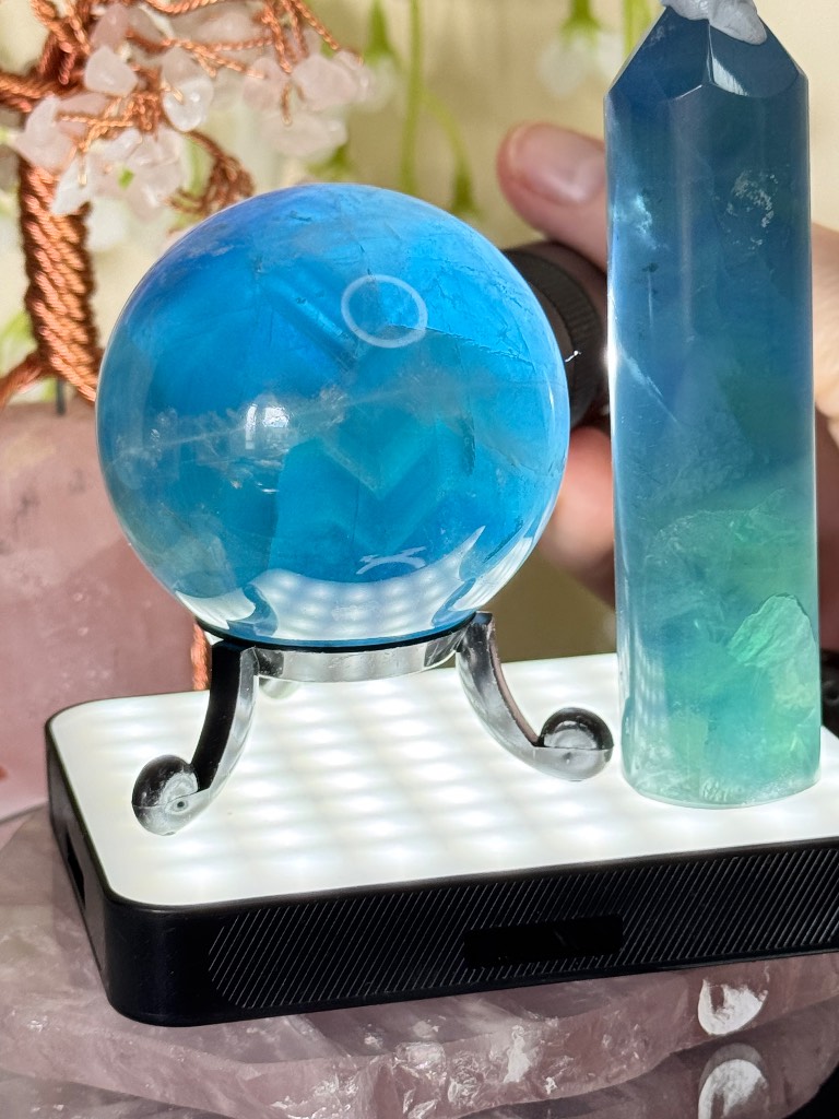 Amazing blue fluorite tower and sphere bundle