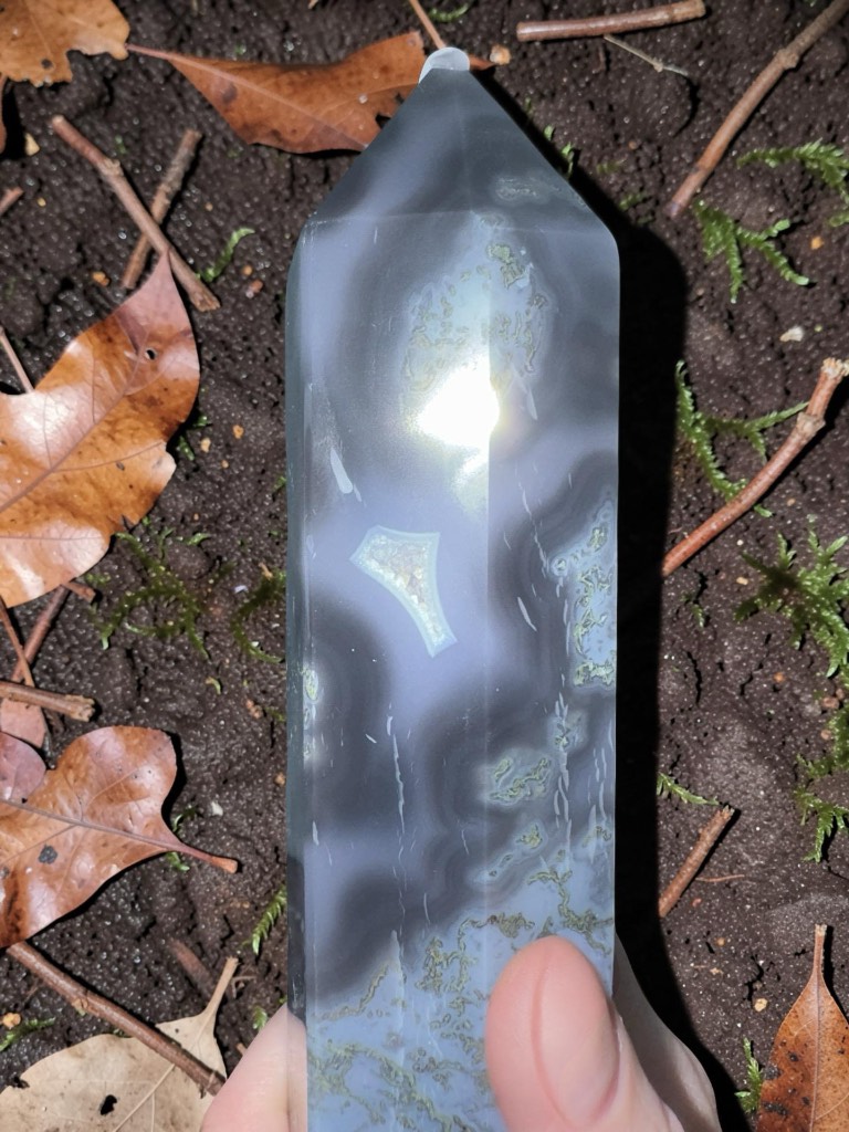 Blue moss agate tower point