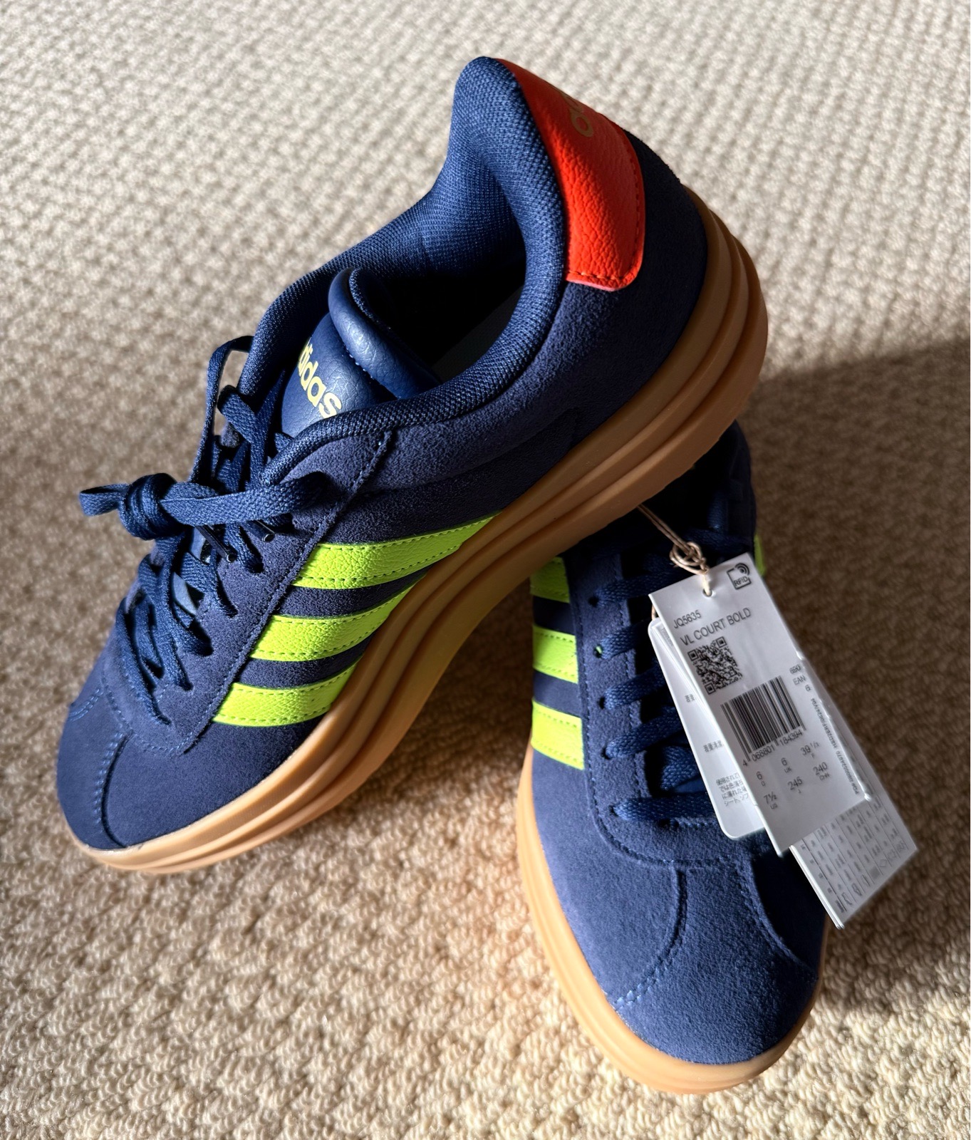 Brand new boxed. Adidas court bold trainers navy, green & orange size 6 uk