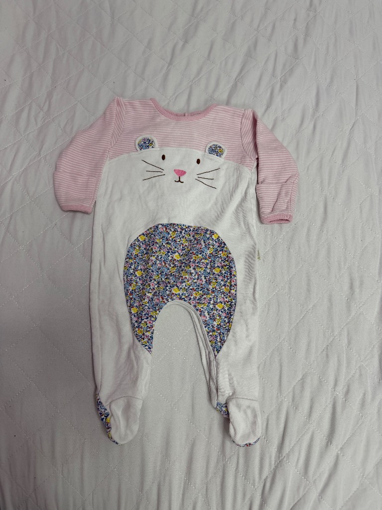 JoJo Maman Bebe cat pink flowery baby grow sleep suit 0-3 months