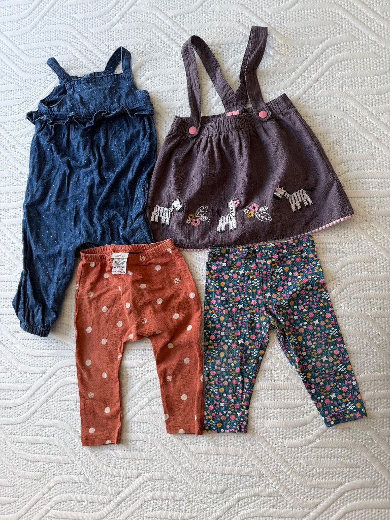 Mixed bundle baby girl floral flowery leggings dungarees zebra pinafore 9-12 month