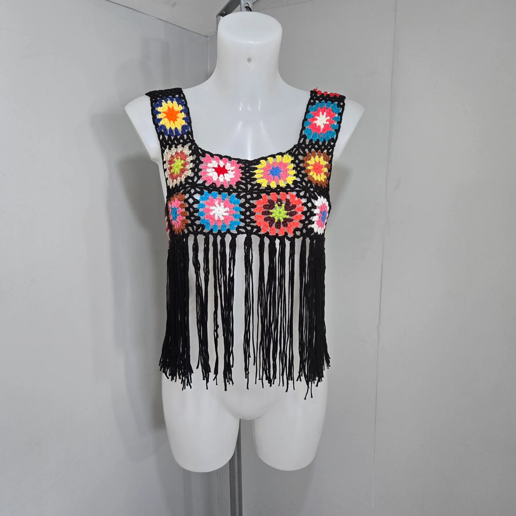 Black Crochet Fringe Vest Top Size S UK 8 Scene Boho Festival