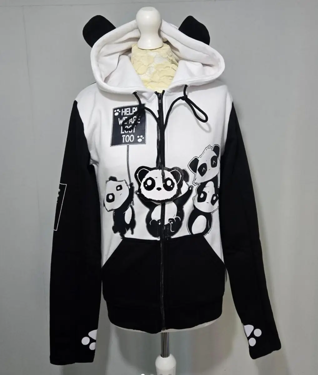 Killer Panda Black White Zip Hoodie Panda Ears Lace Back Size uk 10 M
