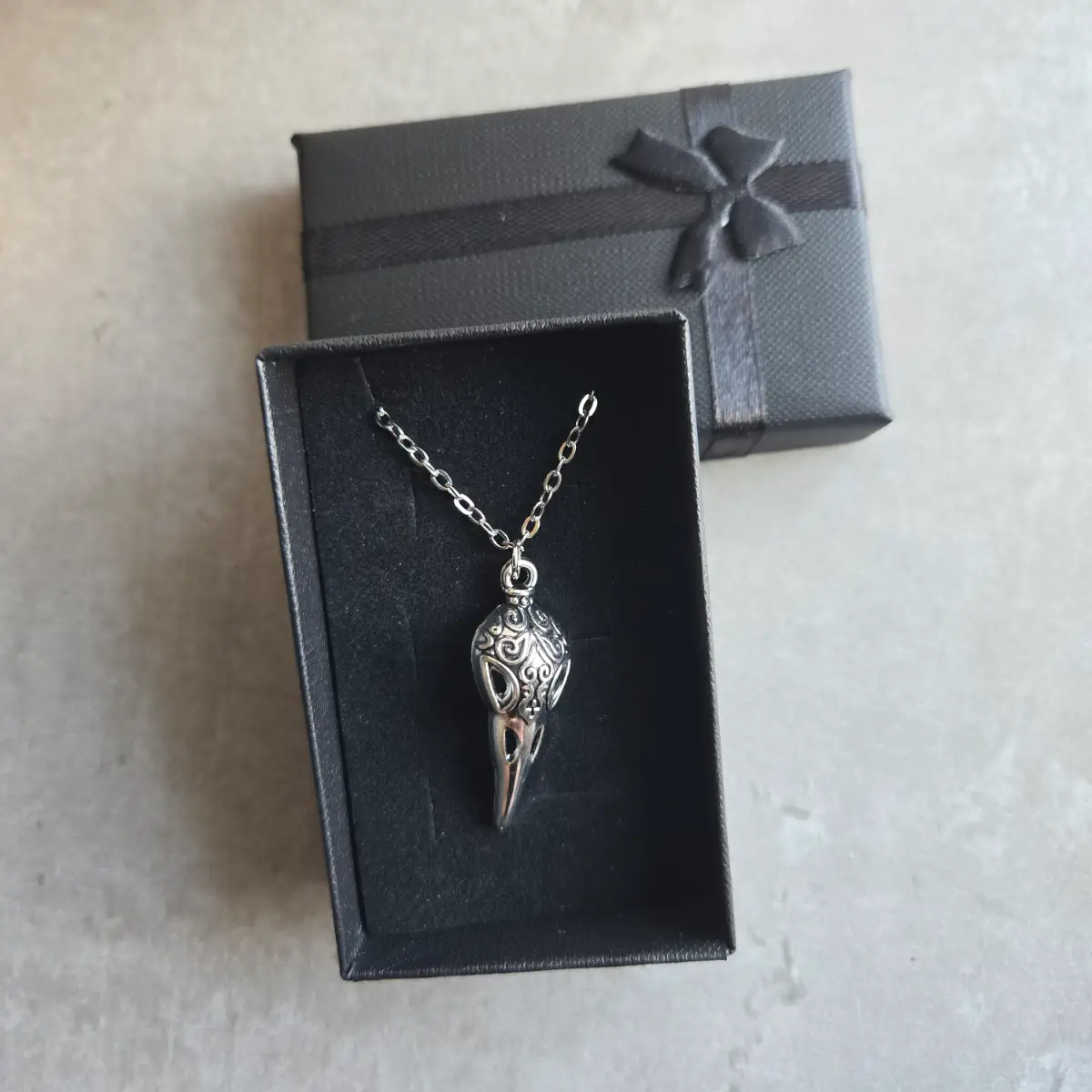 Ornate Bird Skull Necklace Silver Gothic Pendant Stainless Steel Chain
