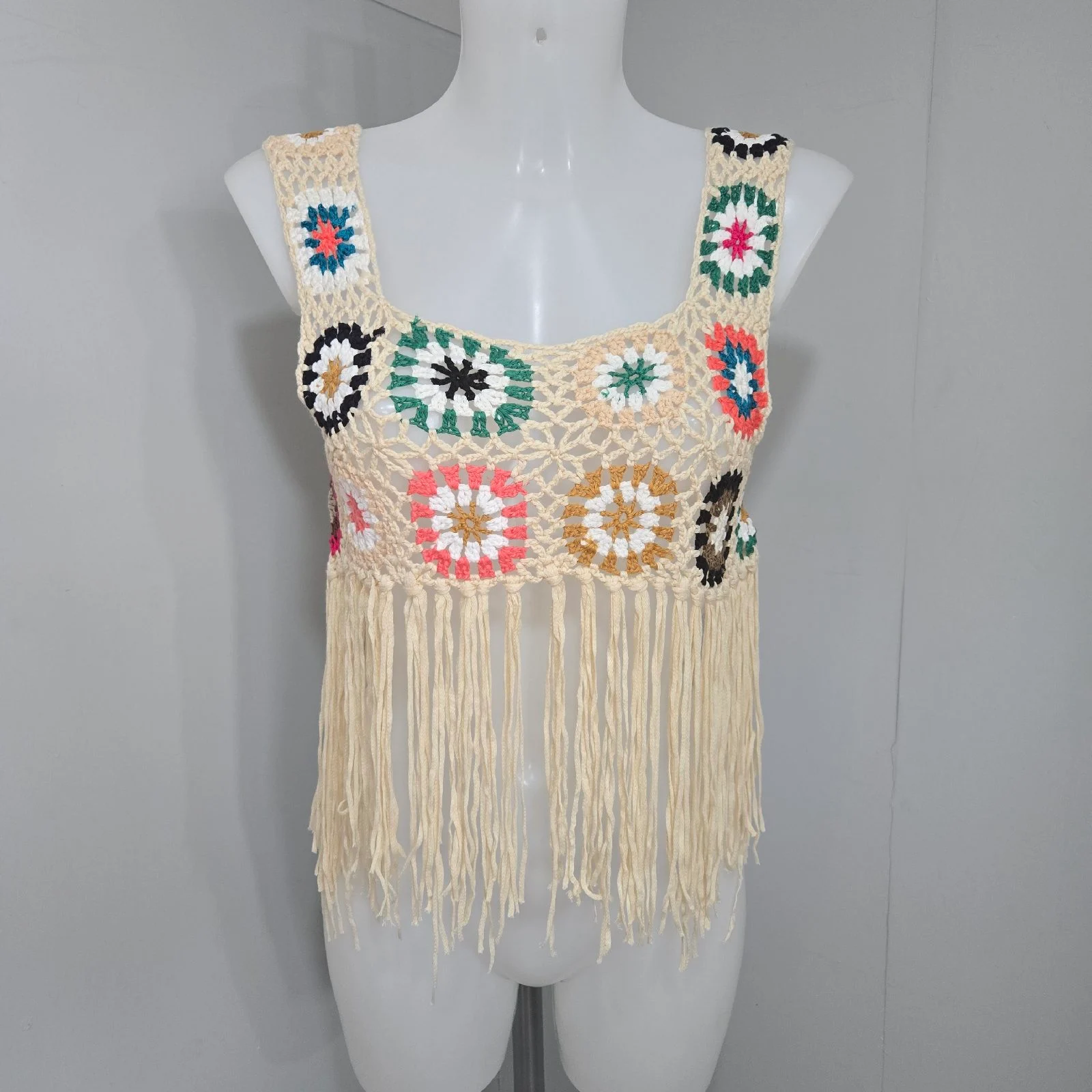 Cream Crochet Fringe Vest Top Size S UK 8 Boho Fairycore Festival