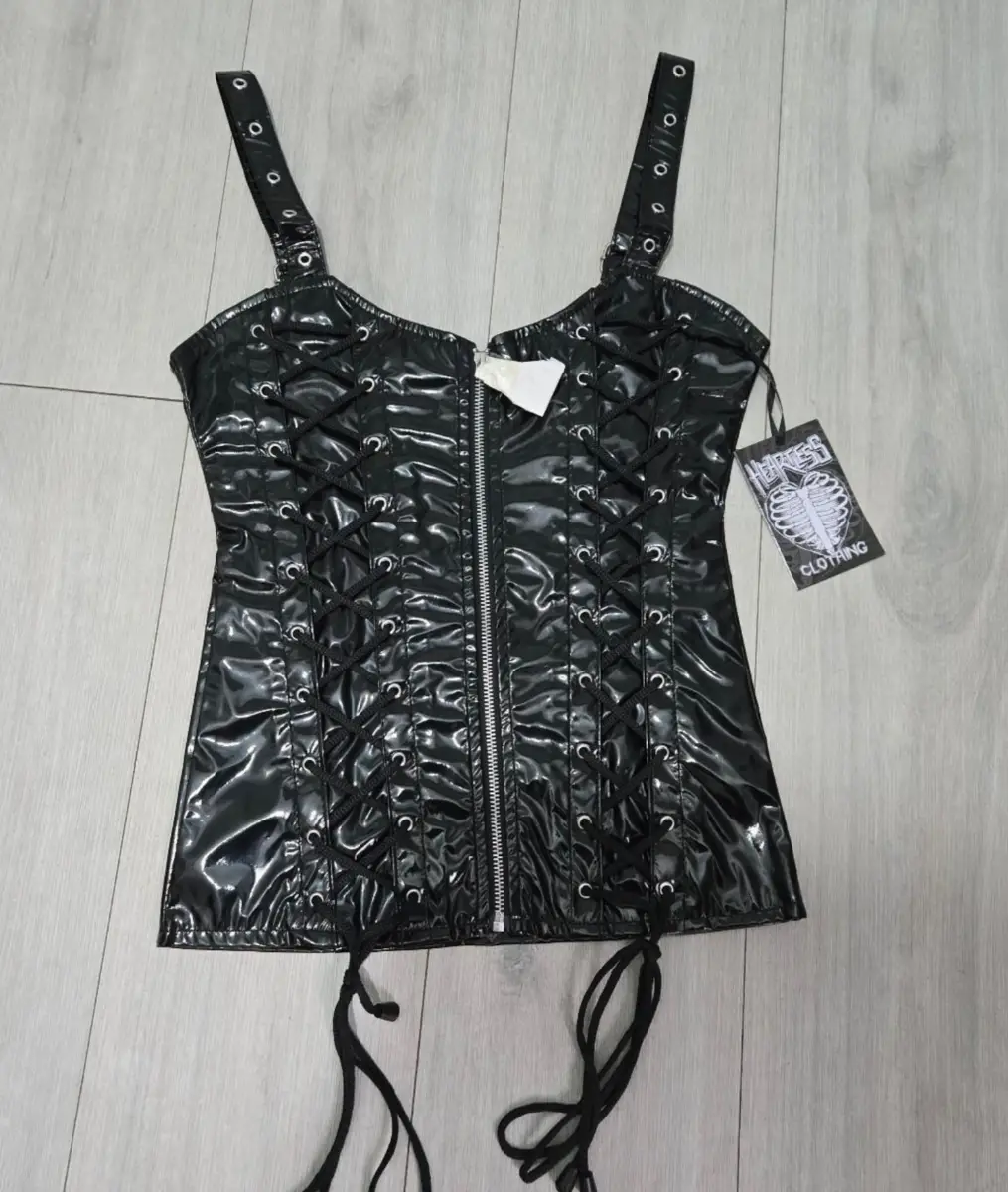 Heartless Black Evilene PVC Lace Top Alt Gothic UK 12 Large