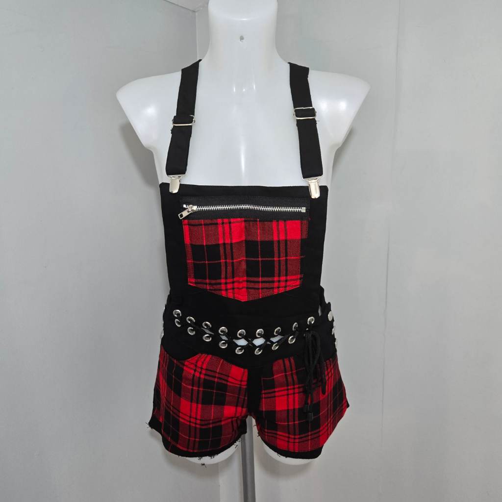 Heartless Sasha Dungarees Black Red Tartan Shorts UK 10 W28 Gothic