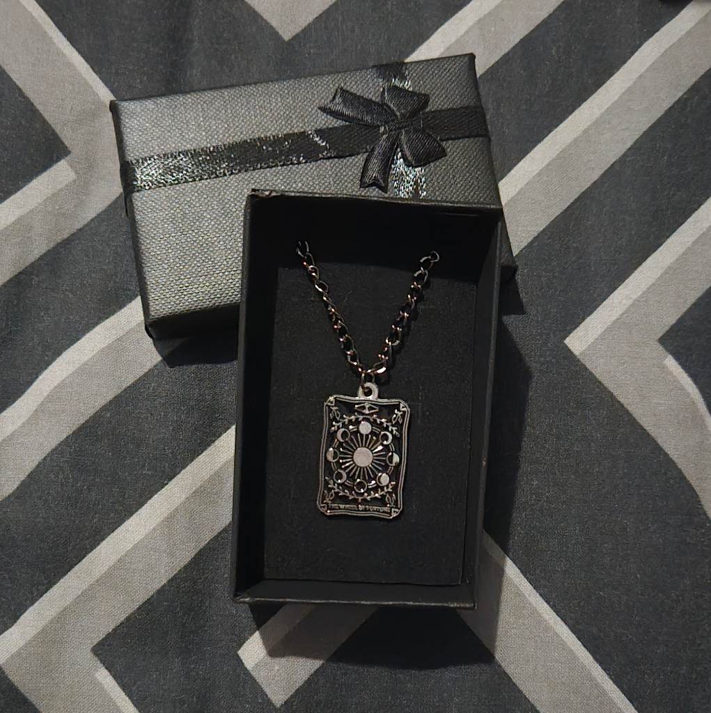 Wheel of Fortune Tarot Card Necklace Gunmetal Chain Gothic Jewellery
