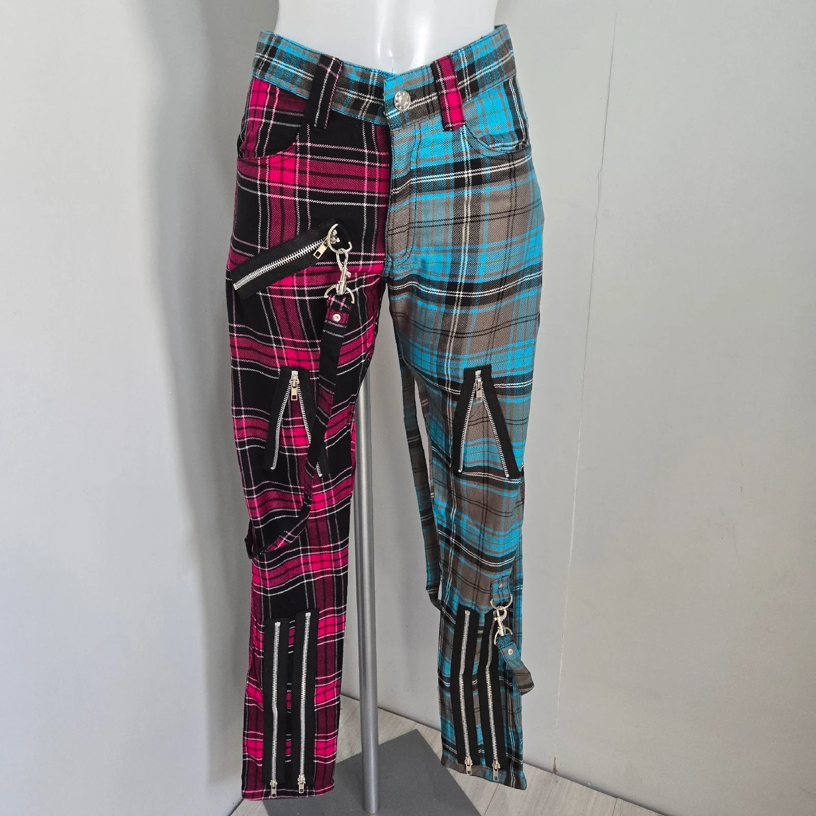 Chemical Black Plaid Zip Pants W28 L32 UK 10 Scene Punk