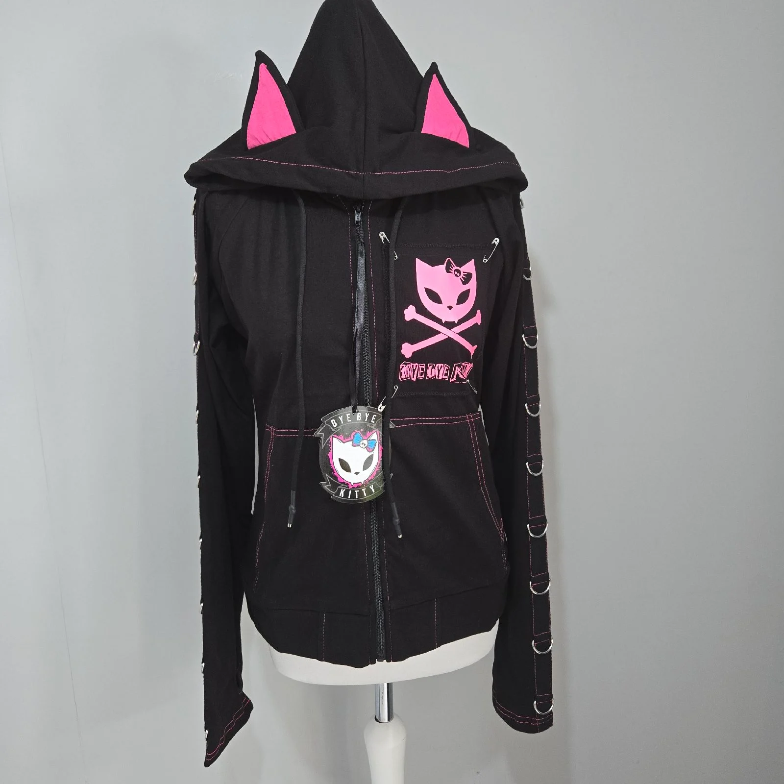 Bye Bye Kitty BBK Void Hood Black Pink Gothic Hoodie UK 8