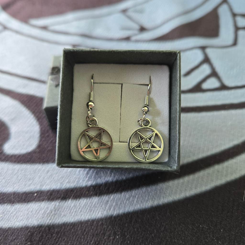 Handmade Silver Tone Pentagram Drop Earrings Gift Boxed