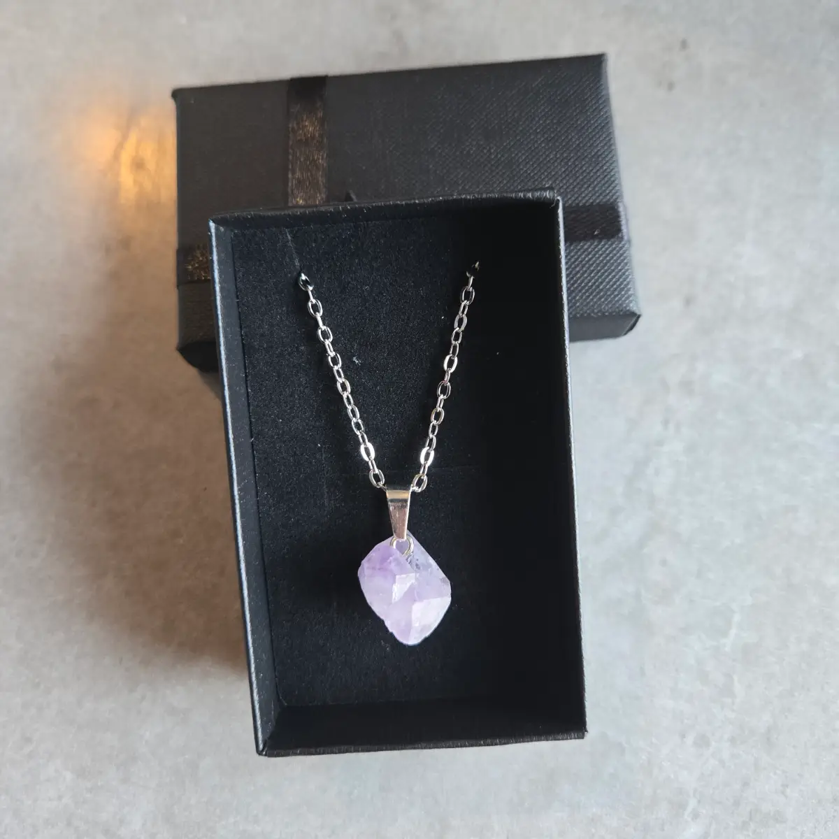 Amethyst Crystal Pendant Necklace Stainless Steel Chain Gift Boxed