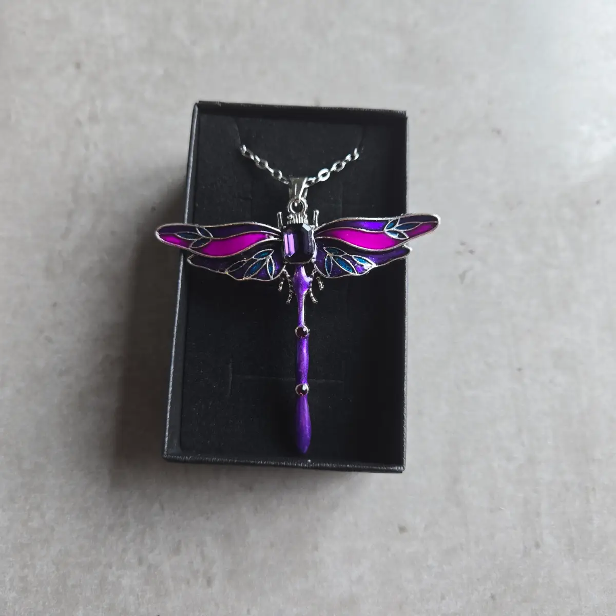 Purple dragonfly necklace with stainless steel chain