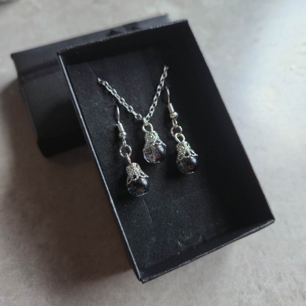 Handmade Black Smokey Glass Teardrop Necklace & Earrings