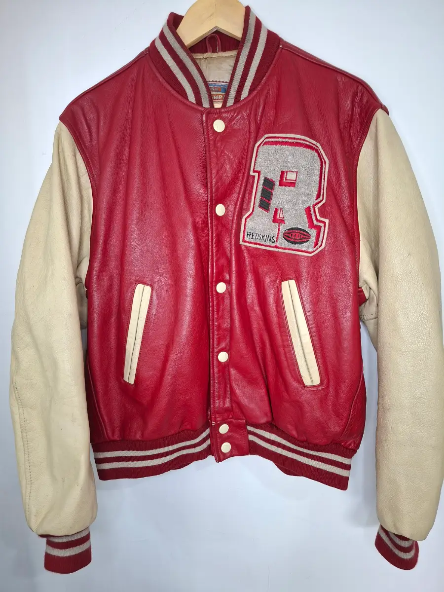 Vintage 90s Redskins Leather Varsity bomber Jacket Red/Cream mens Size L genuine rare Sku484