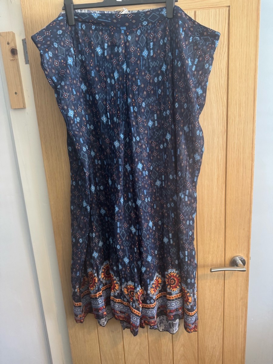 Julipa Boho Wide Leg Trousers UK 30 Blue Aztec Floral Print Pull On Plus Size