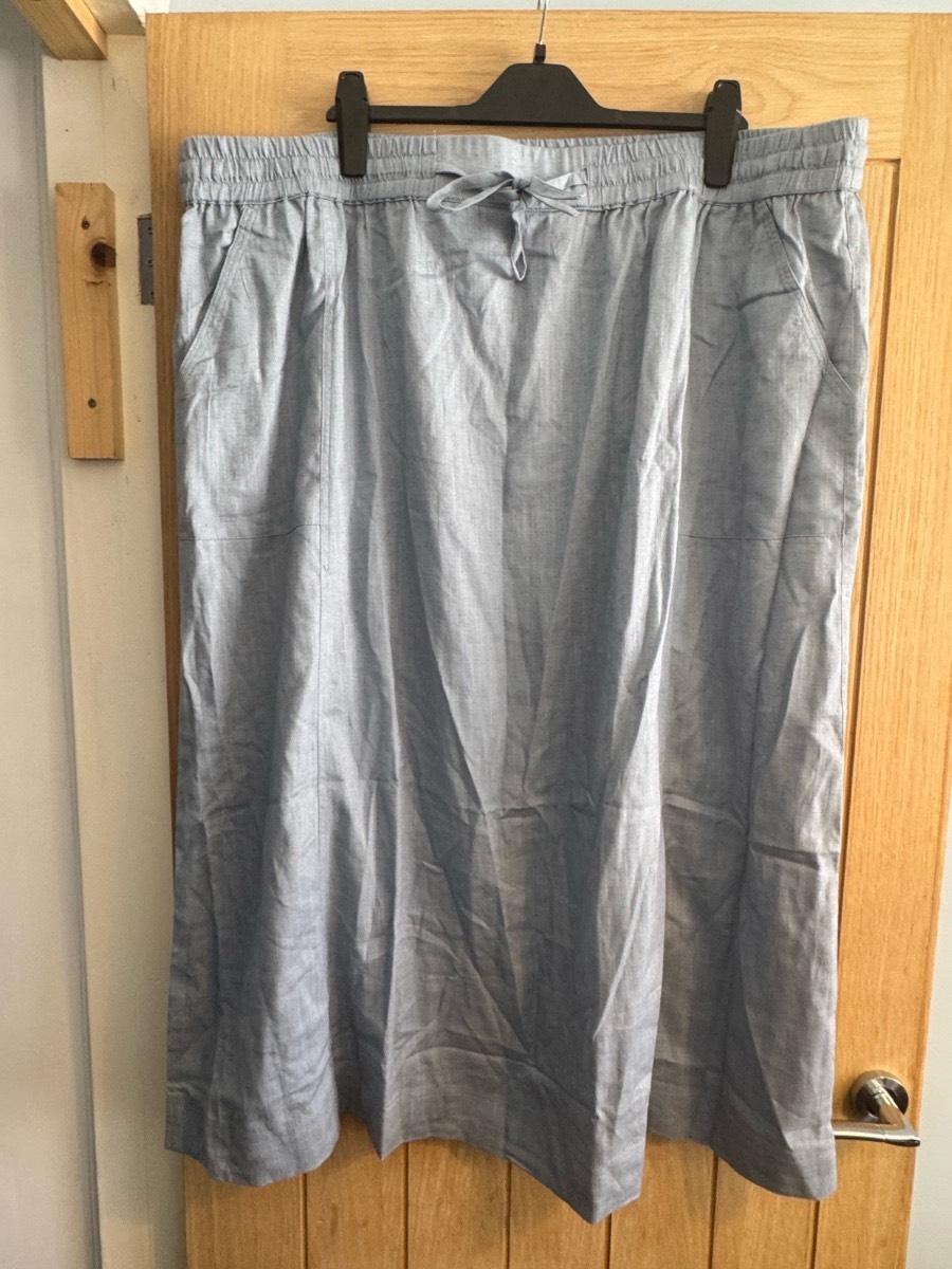 JD Williams Blue Linen Blend Midi Skirt UK 24 Elasticated Waist Pockets NWT