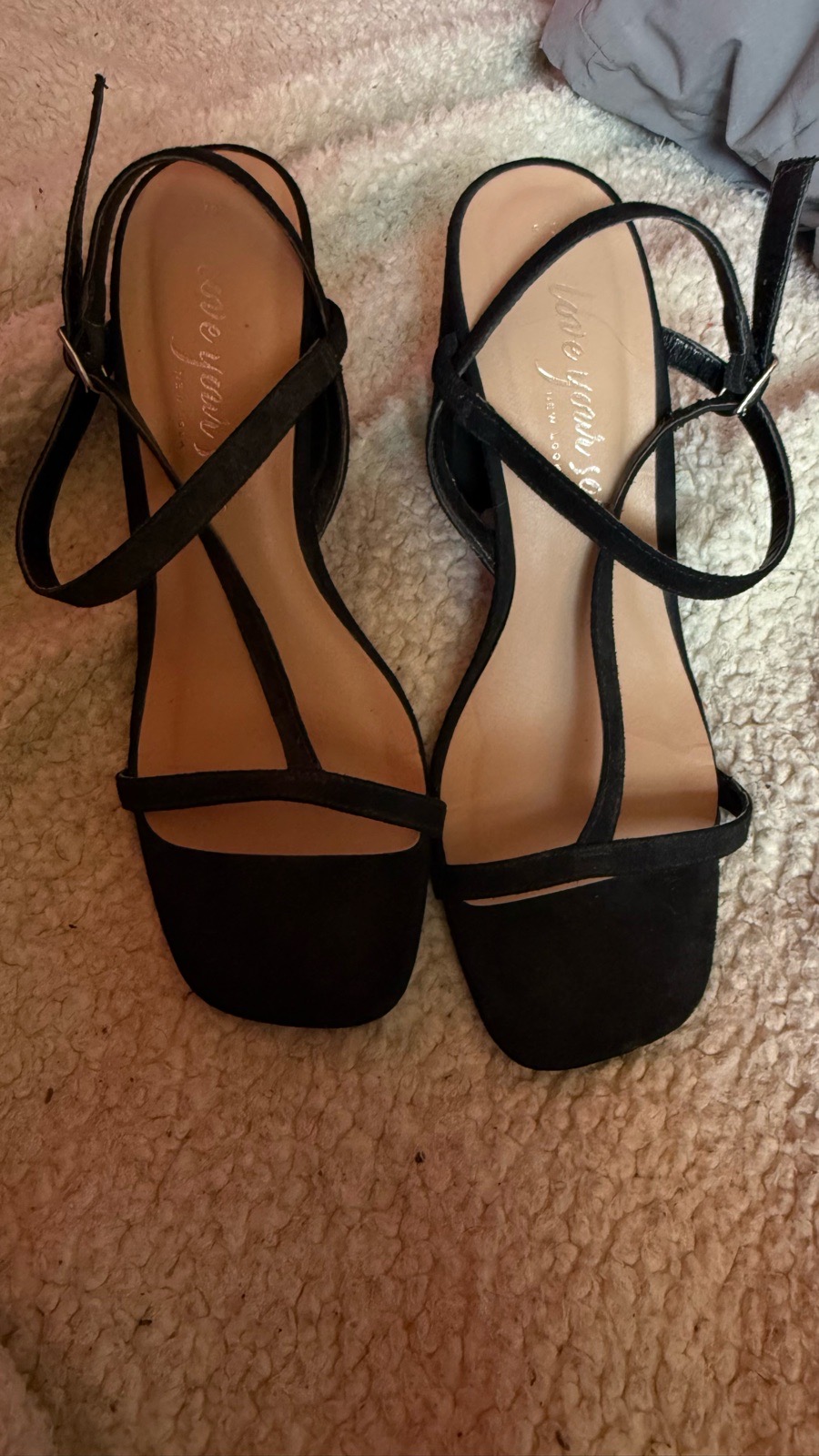 Black T-Strap Square Toe Heeled Sandals / New Look (Size 5)
