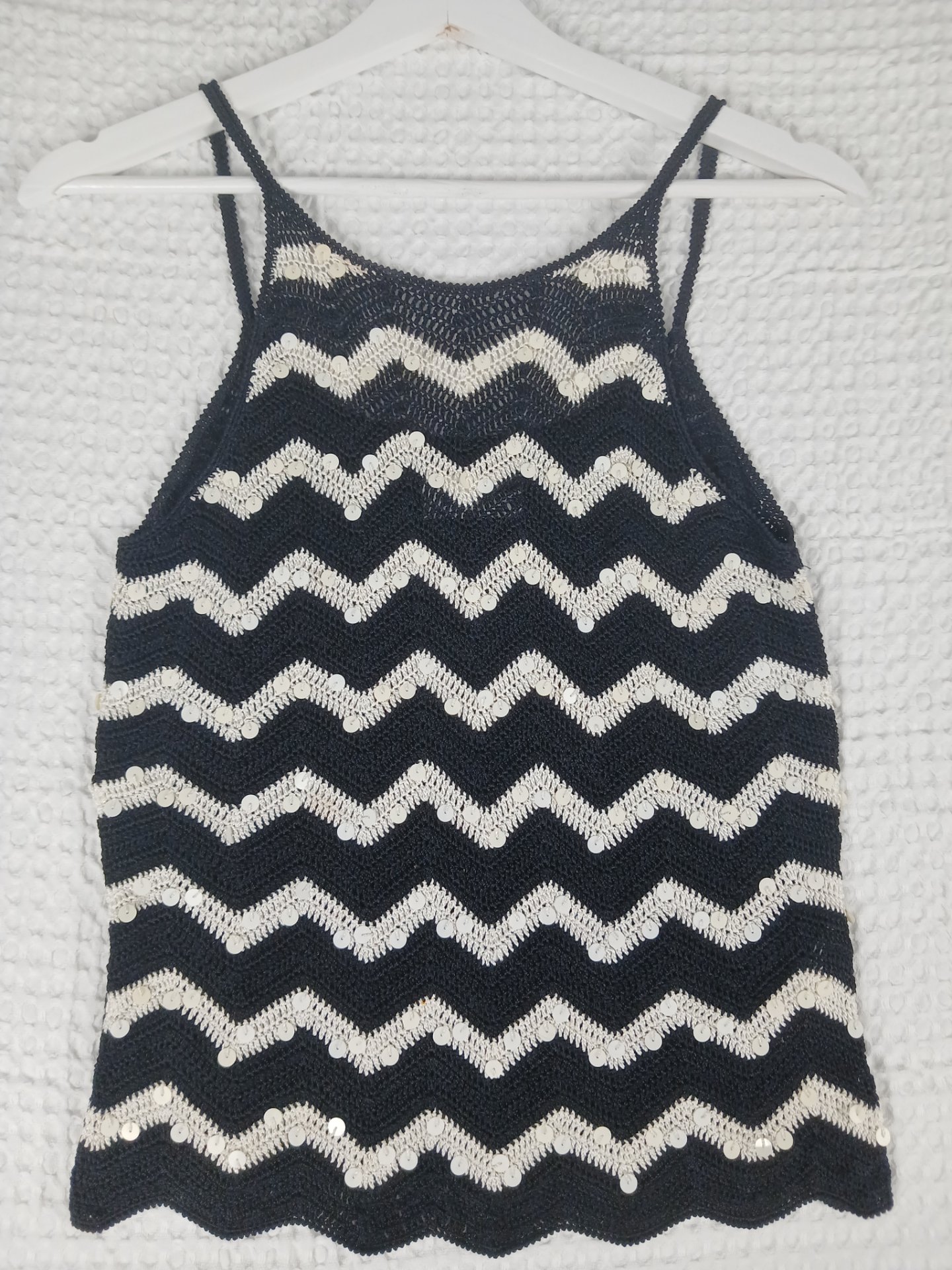 Principles Black White Chevron Crochet Knit Cami Top Sequin Boho Festival S