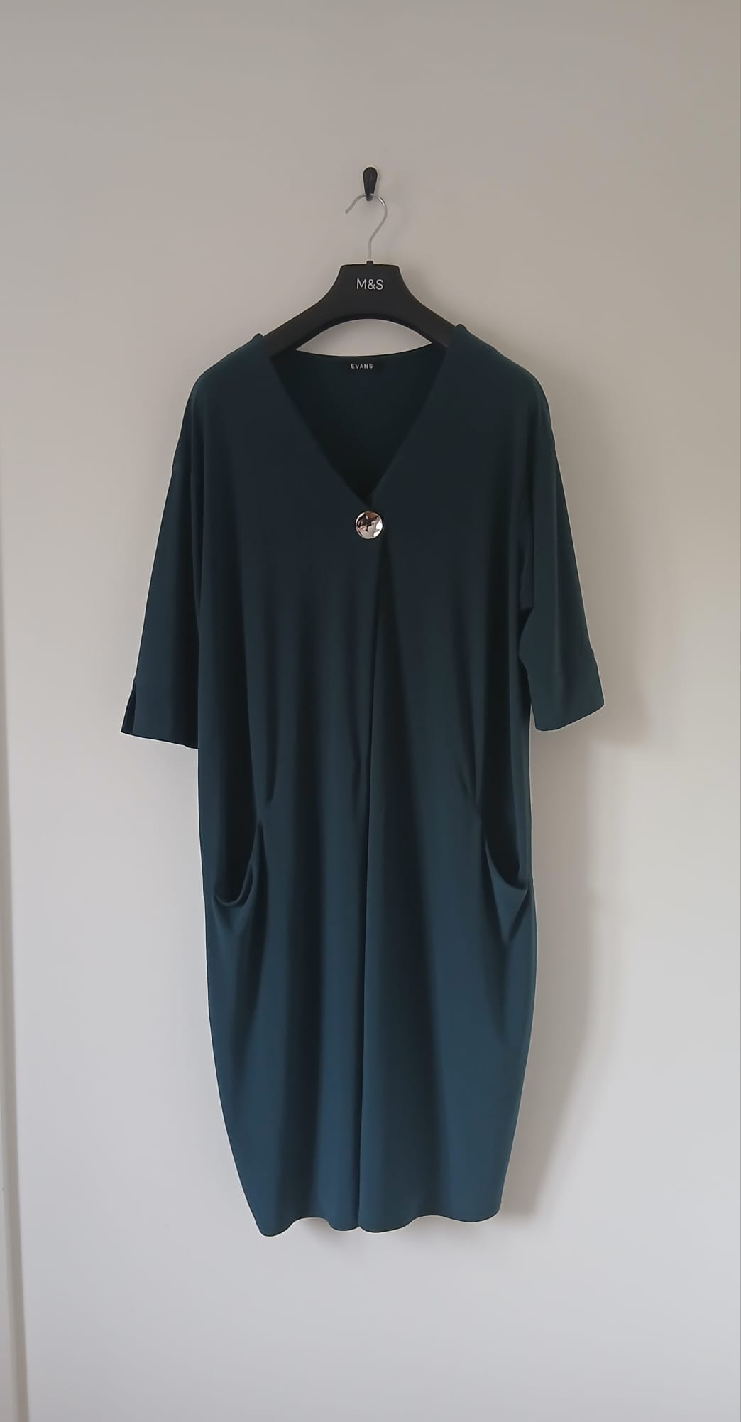 Dark Teal Cocoon Dress UK 20 V-Neck Button Detail Pockets Midi Office Holiday Cruise Resort