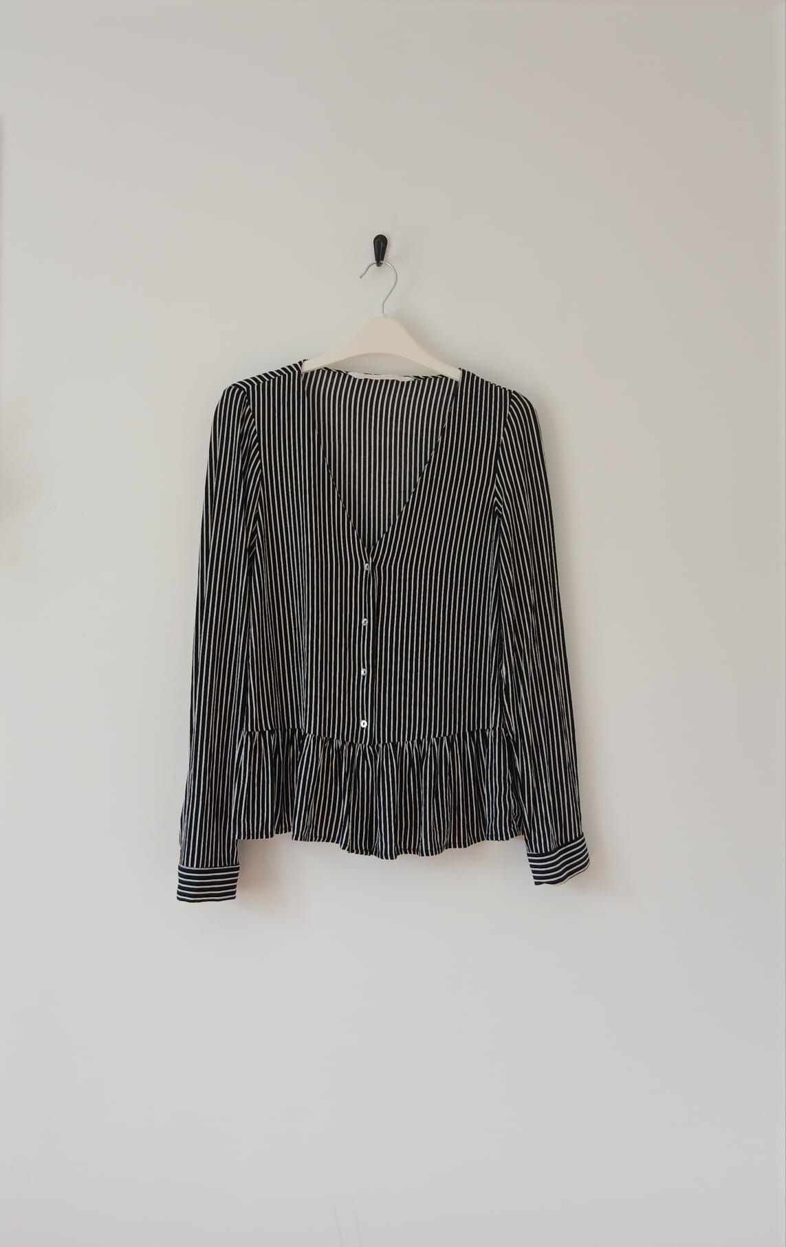 Striped Peplum Blouse Black White V-Neck Size S Boho Festival Cottagecore Smart Casual Grunge Gothic