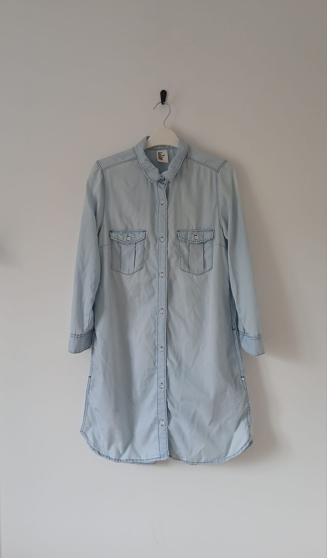 H&M Shirt Dress Light Blue Lyocell Size UK 10 Chambray Pockets Boho Cottagecore Prairie Layering