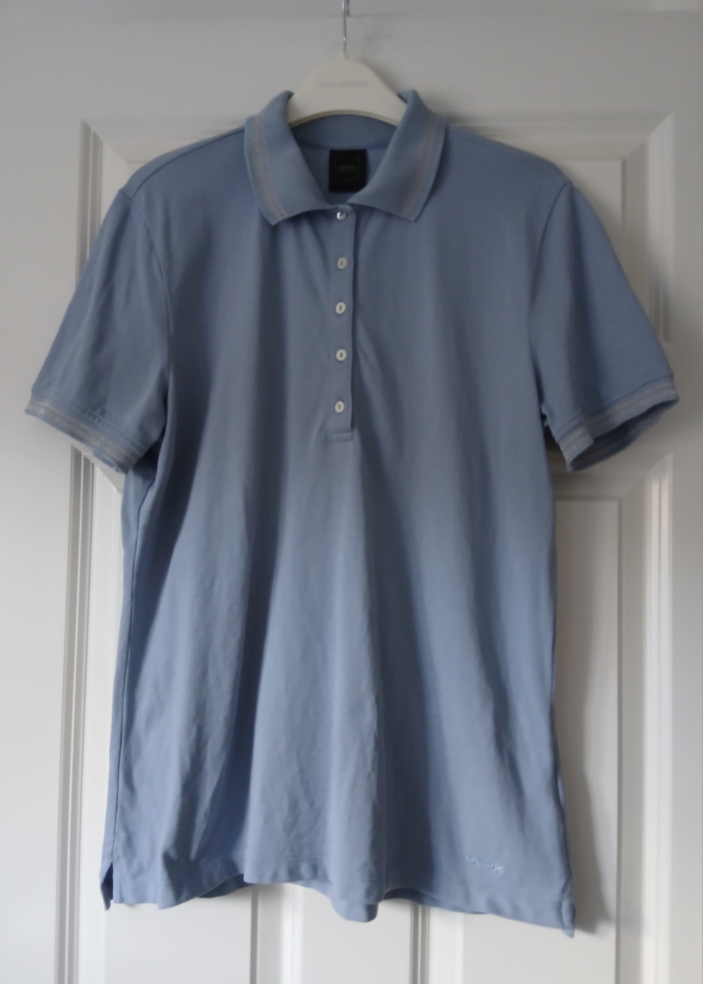 Polo Shirt UK 14-16 Blue Silver Detail Cotton Smart Casual Summer Resort Cruise Travel