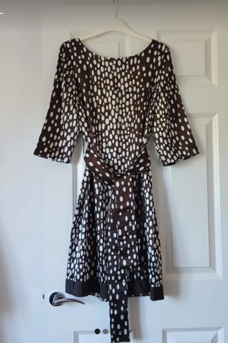 Zara Polka Dot Belted Shift Dress XL UK14 Brown White 3/4 Sleeve Wedding Cruise Resort Business