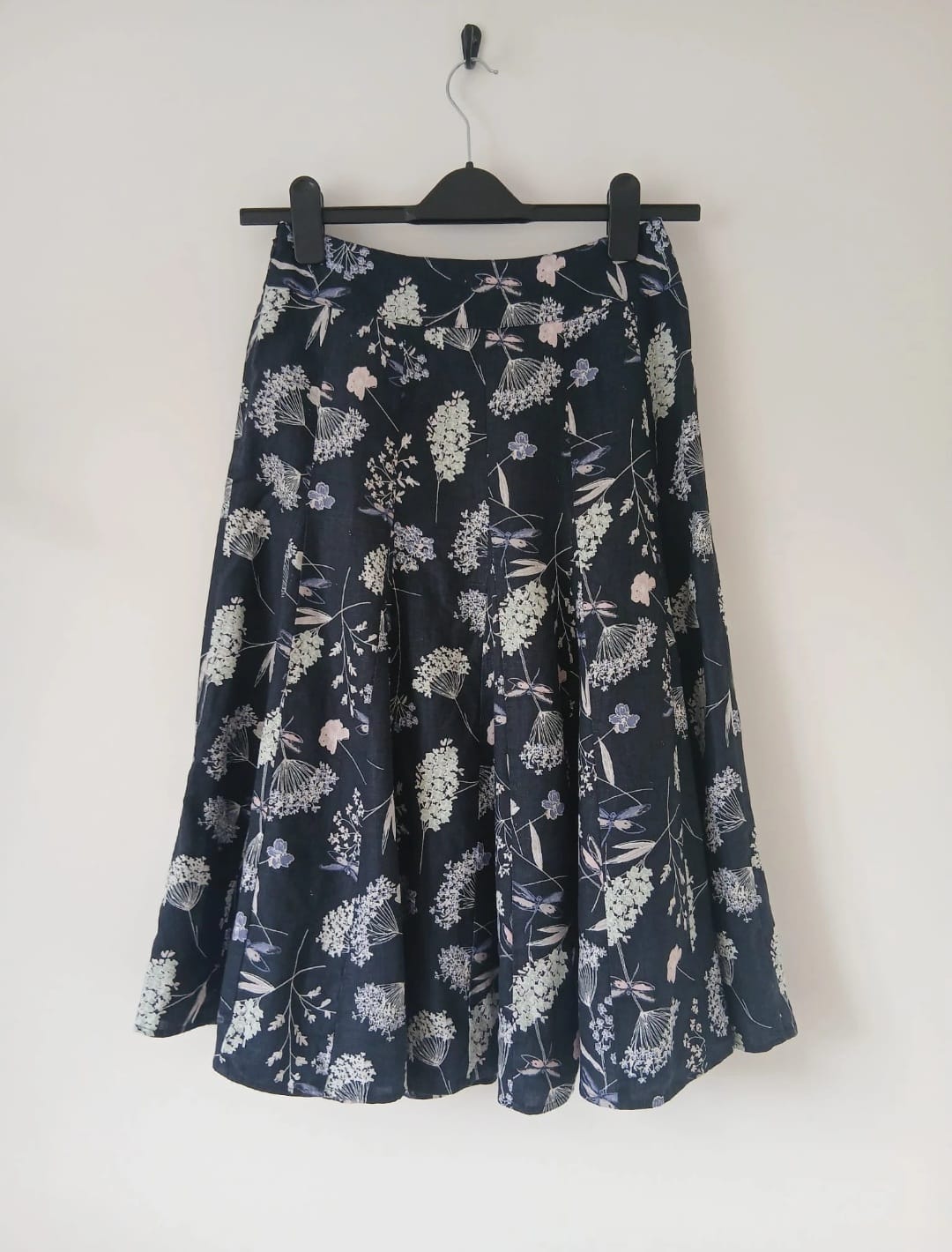 Laura Ashley Floral Linen Skirt UK 8 Navy Mix Midi A-Line Pleated Cottagecore Boho Lagenlook Office
