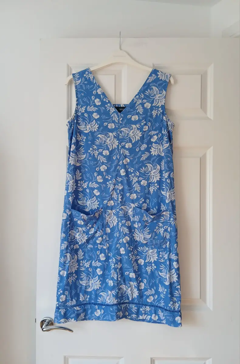 Floral Linen Blend Dress UK 6 Blue White Sleeveless Cut Out Knee Length Boho Cottagecore Holiday