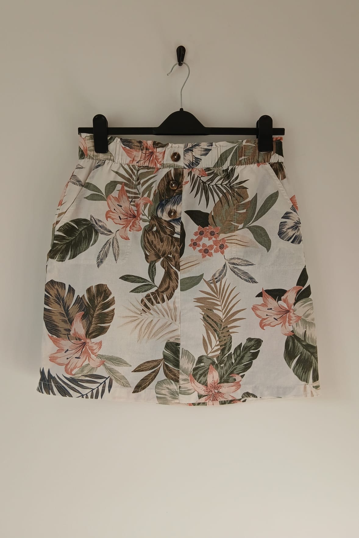 Peacocks Floral Skirt White Multi UK 10 Linen Viscose Elasticated Waist Pockets Holiday Cottagecore