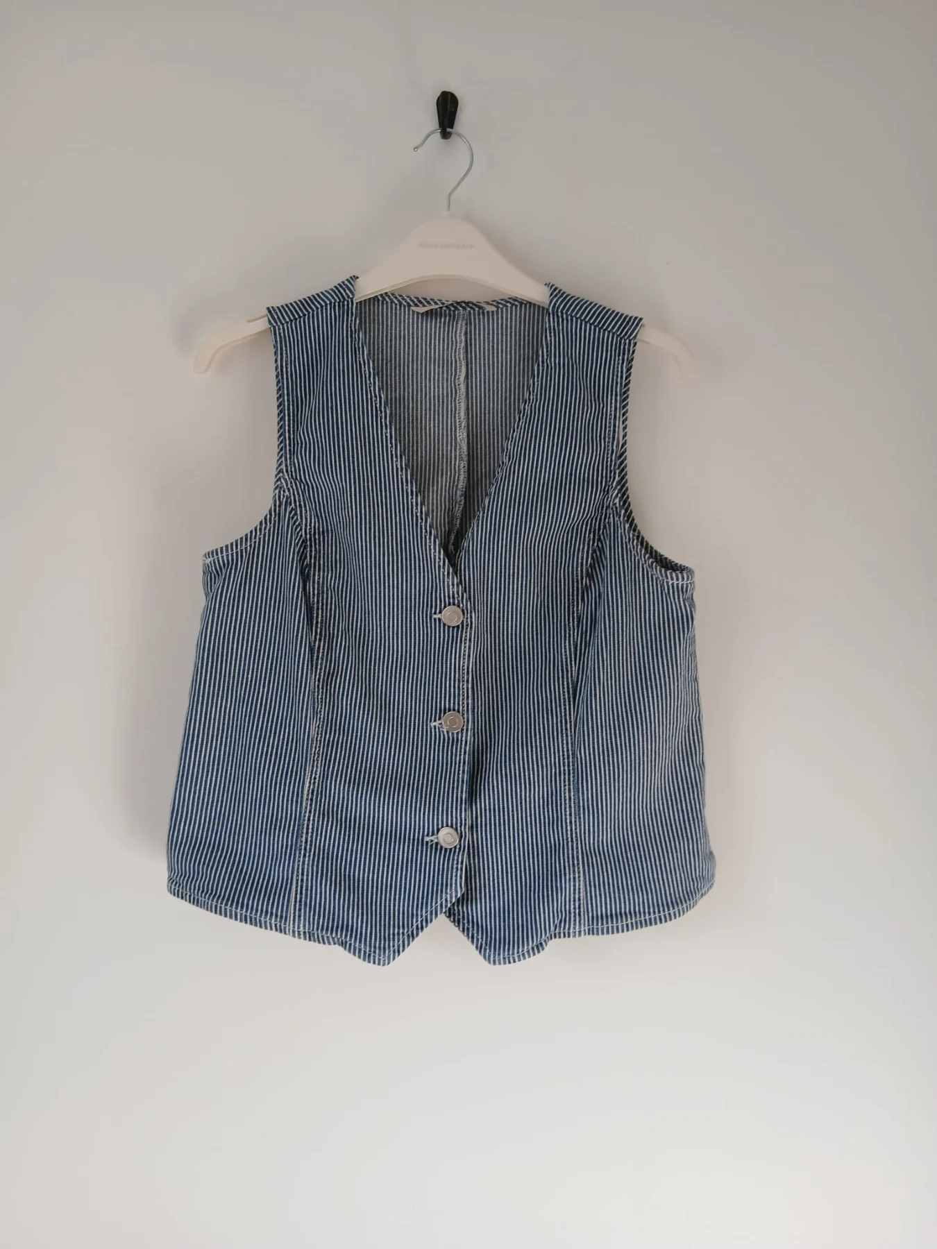TU Clothing Pinstripe Cotton Denim Waistcoat UK 10 Blue White Tailored Classic Marine Cottagecore