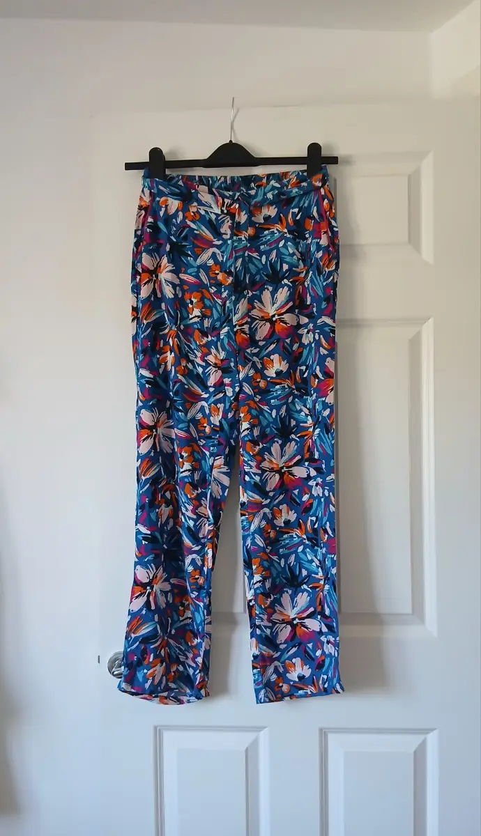 Wide / Straight Leg Trousers UK10 Blue Floral Viscose Holiday Resort Cruise Boho Cottagecore