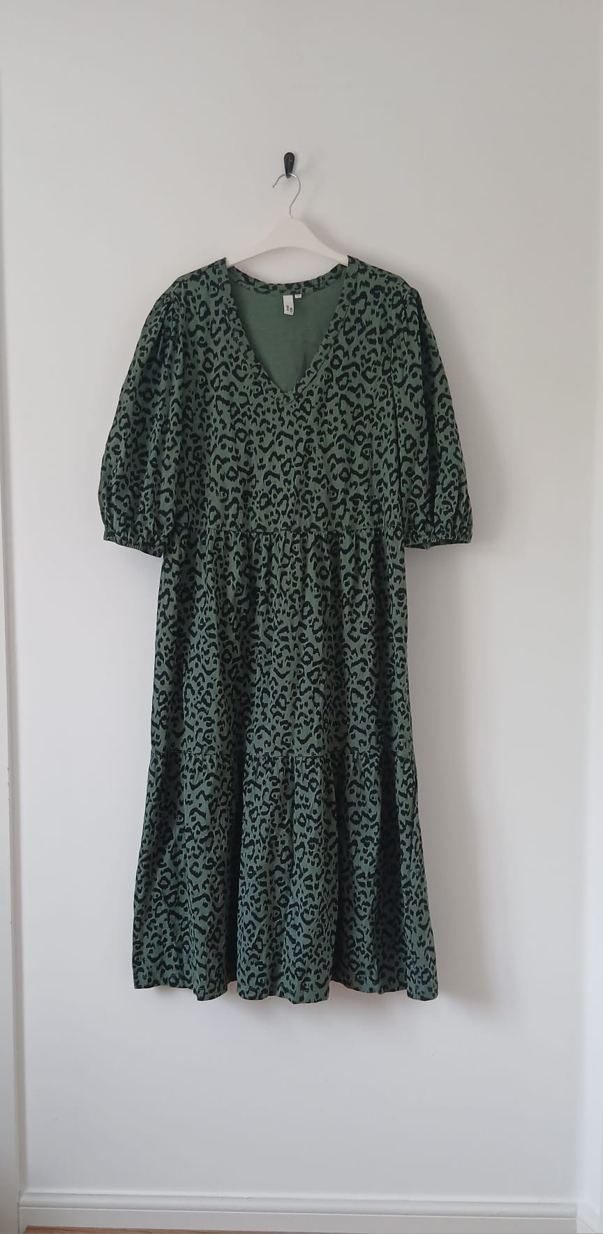 Green Leopard Print Tiered Midi Dress UK 16 V Neck Puff Sleeve Cotton Festival Dark Academia Office