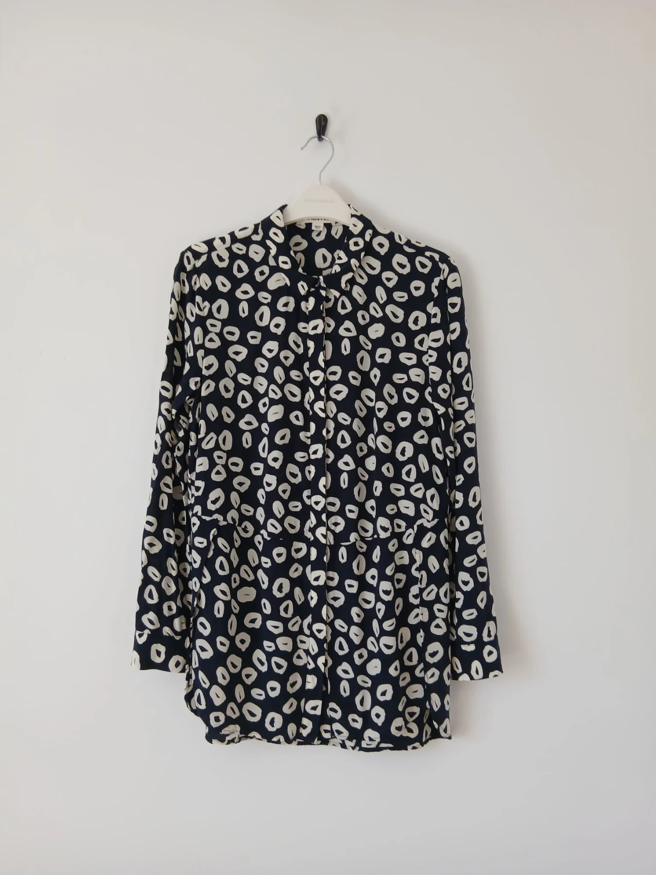 Whistles Longline Shirt UK 4 Abstract Navy Cream Lyocell Viscose Generous Cut Smart Casual Office