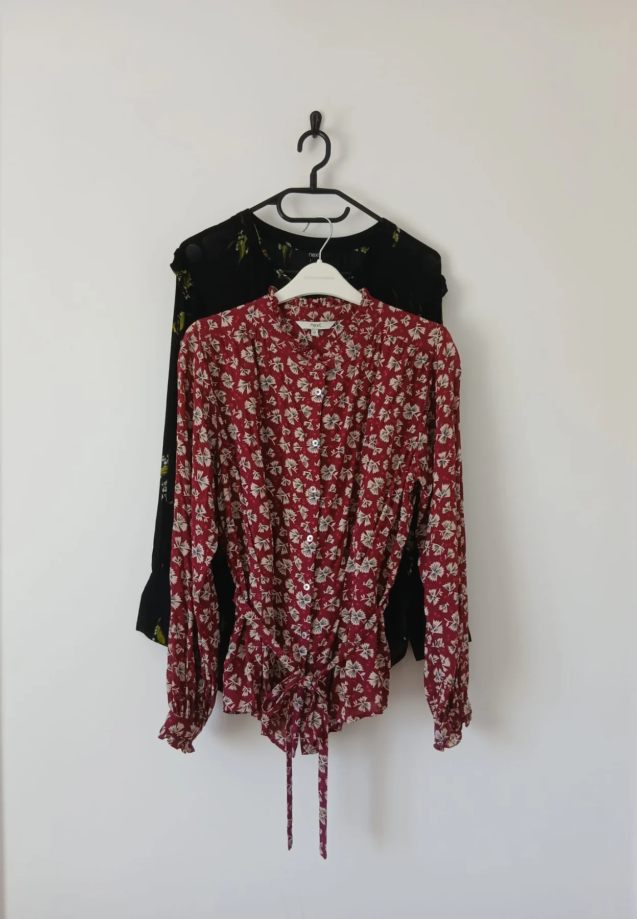 Next Bundle 2 Floral Blouses UK 10 Black & Burgundy Mix Long Sleeve Frill Ruffle Sheer Boho Prairie