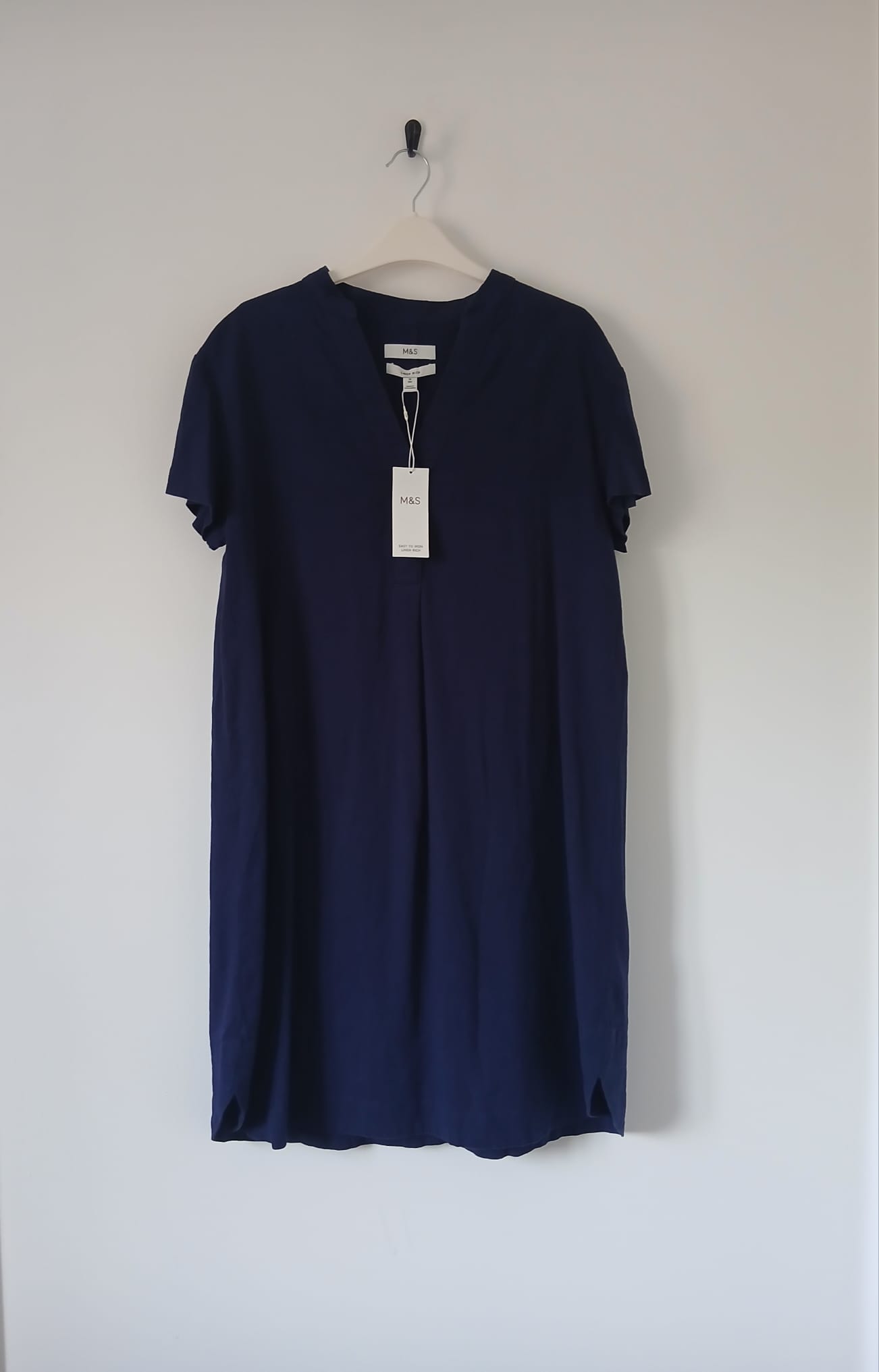 M&S Linen Rich Popover Tunic Dress UK 10 Short Dark Royal Blue Breathable V-Neck Holiday Summer BNWT