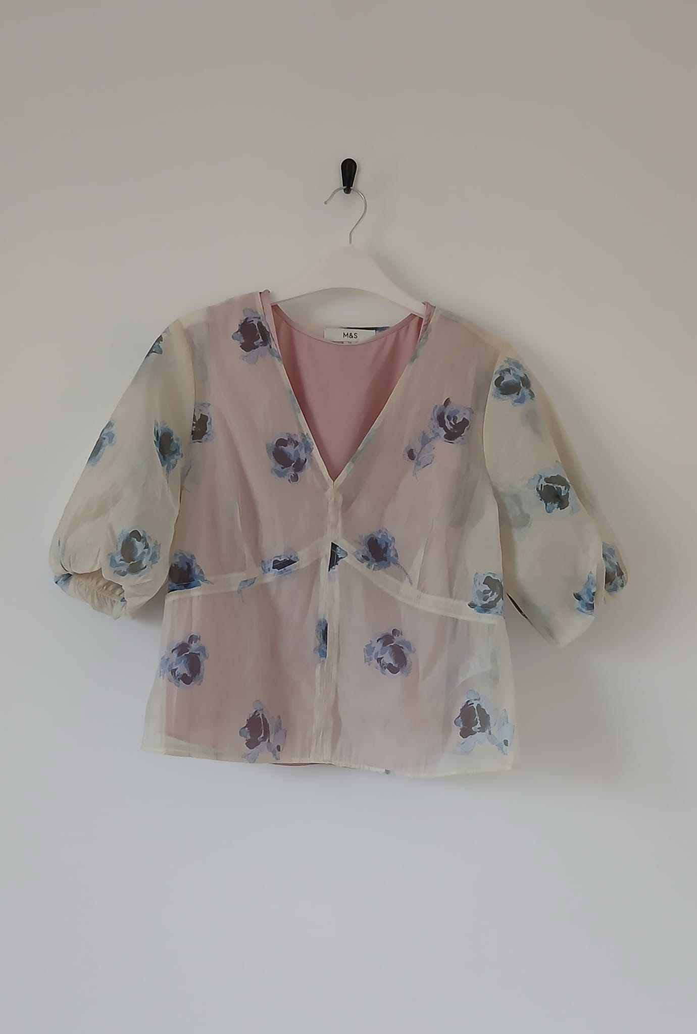 M&S Floral Sheer Blouse & Pink Cami Top 2 Piece Set Puff Sleeve UK 12 Boho Cottagecore Prairie