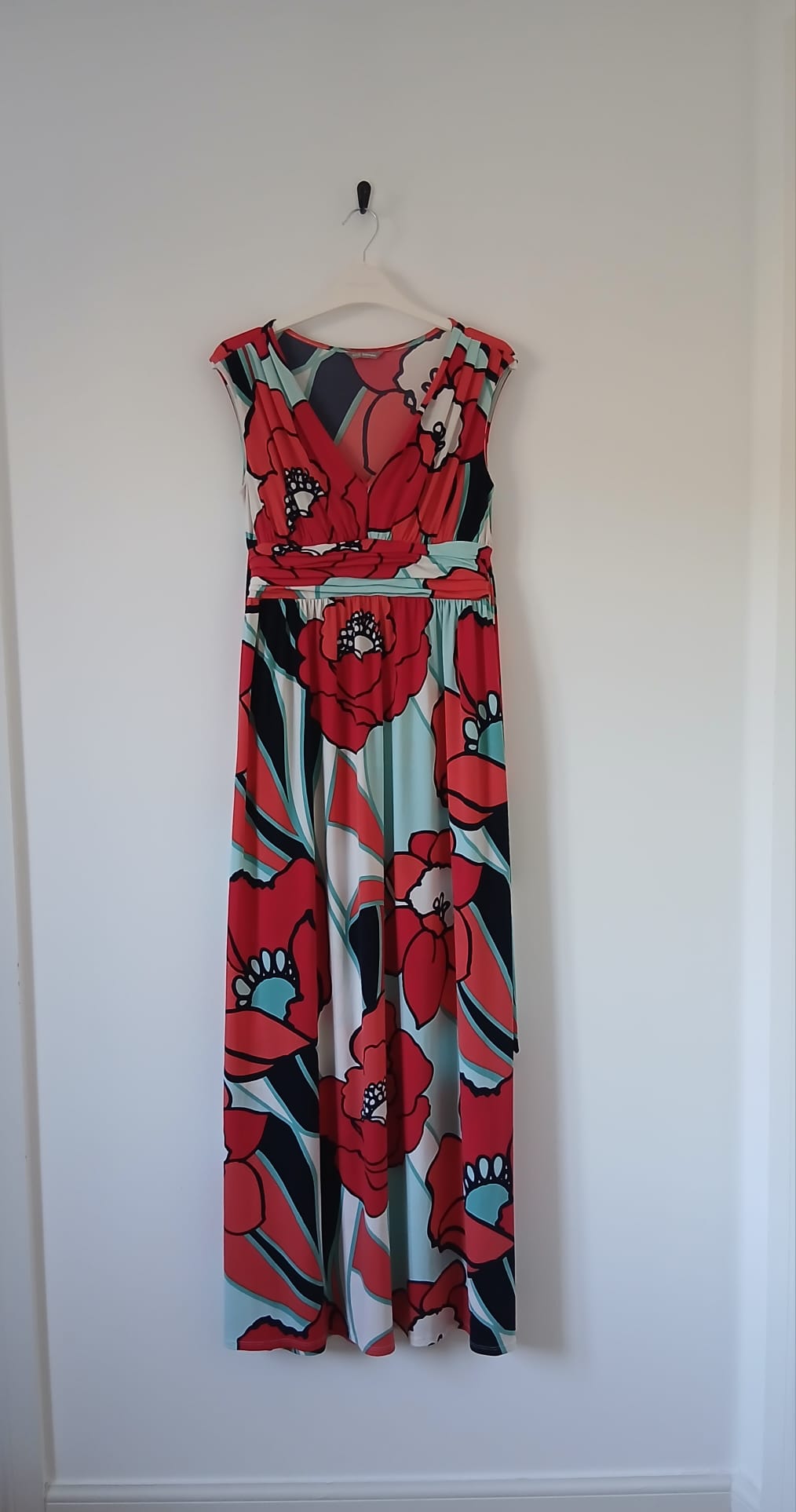 M&S Floral Maxi Dress UK 8 Sleeveless Tie Waist V-Neck Poppy Print Holiday Cruise Resort Boho