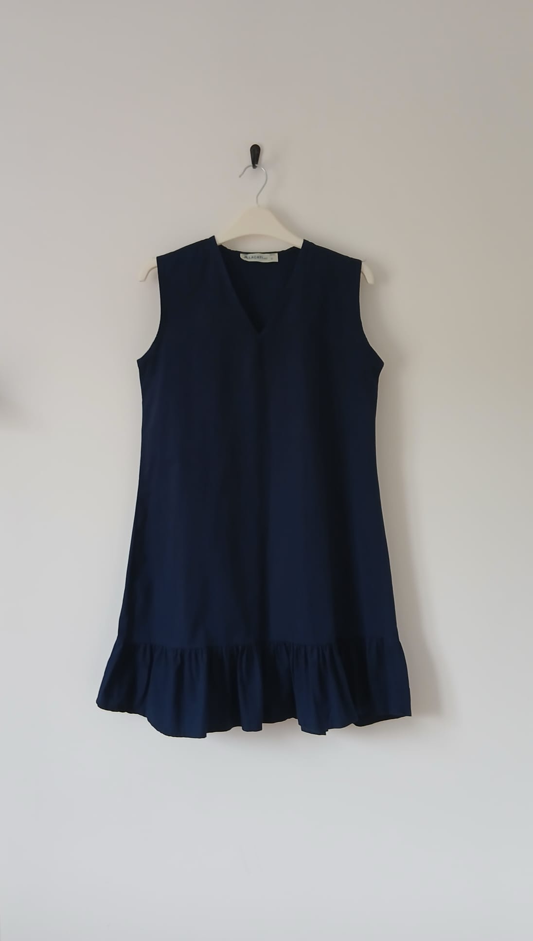 Navy Cotton Viscose Sleeveless Shift Dress Size 8 Ruffle Hem Relaxed Fit Smart Casual Layering Boho