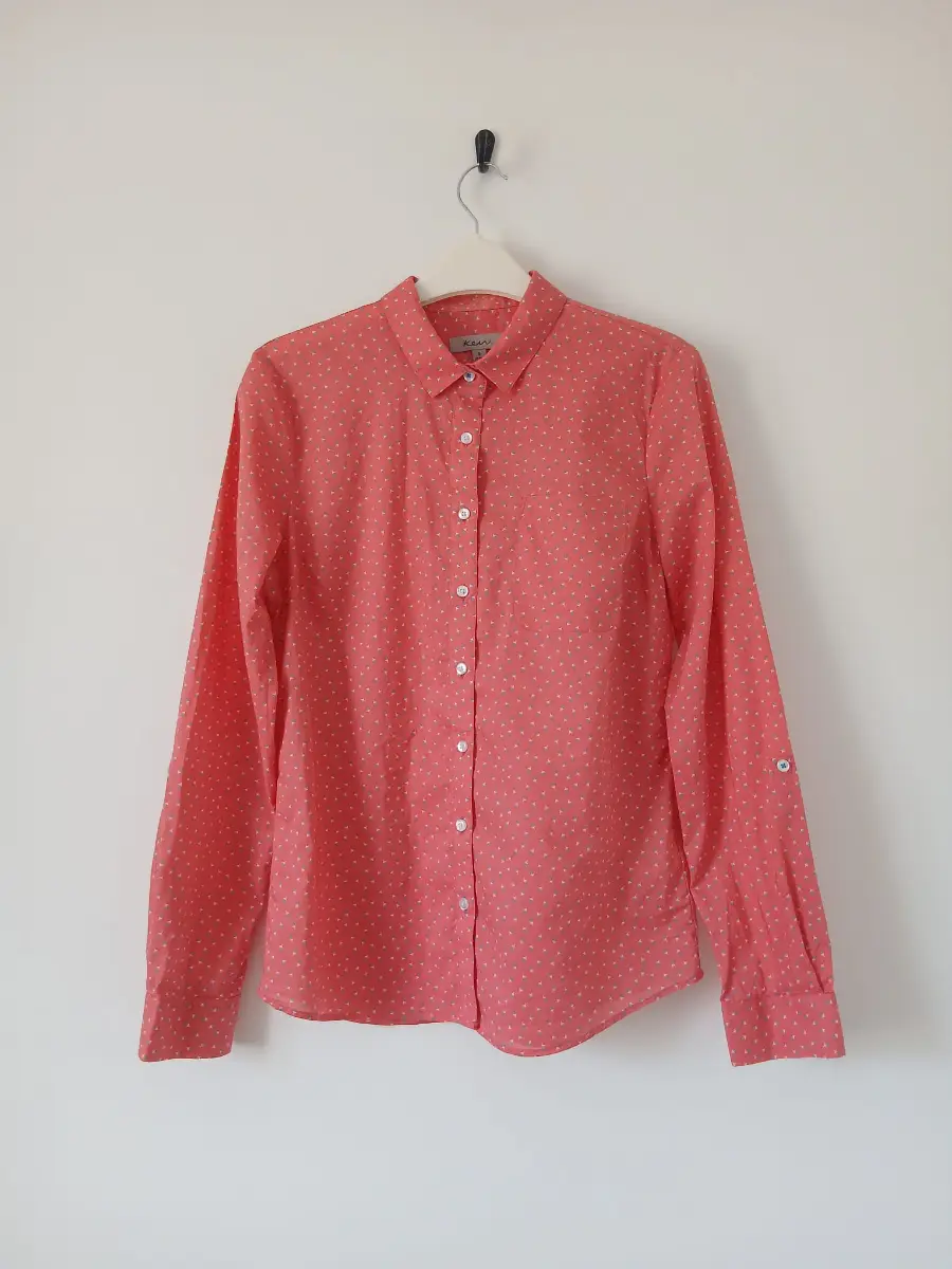 Ditsy Floral Cotton Shirt UK10 Coral Red Roll Tap Sleeve Lightweight Cottagecore Boho