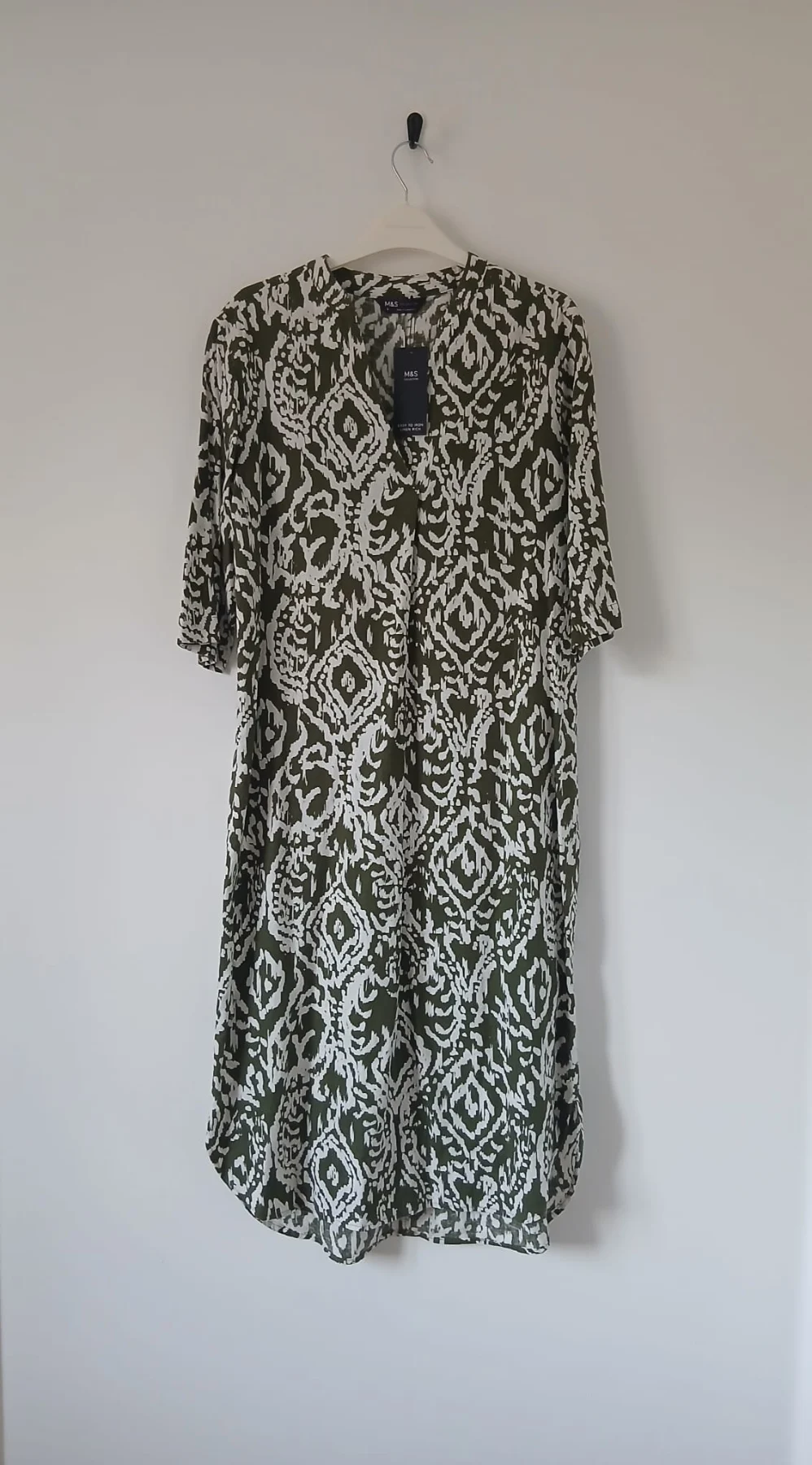 M&S Linen Rich Tunic Dress UK 8 Khaki White Ikat Print V-Neck Midi Holiday Cruise Resort Boho BNWT